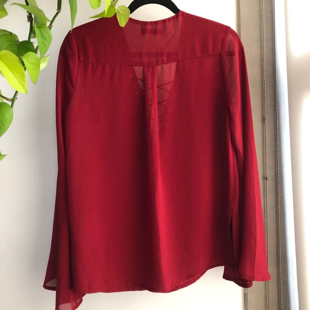 Burgundy Lace-up Bell Sleeve Blouse - Picture 2 of 7